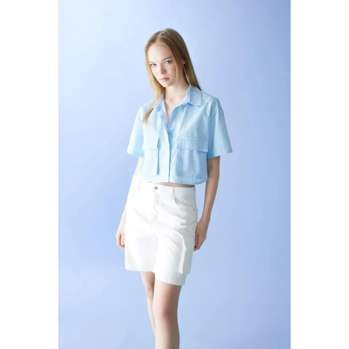 Defacto C0739 Mavi Coool Oversize Geniş Kalıp Cep Detaylı Crop Kısa Kollu Gömlek