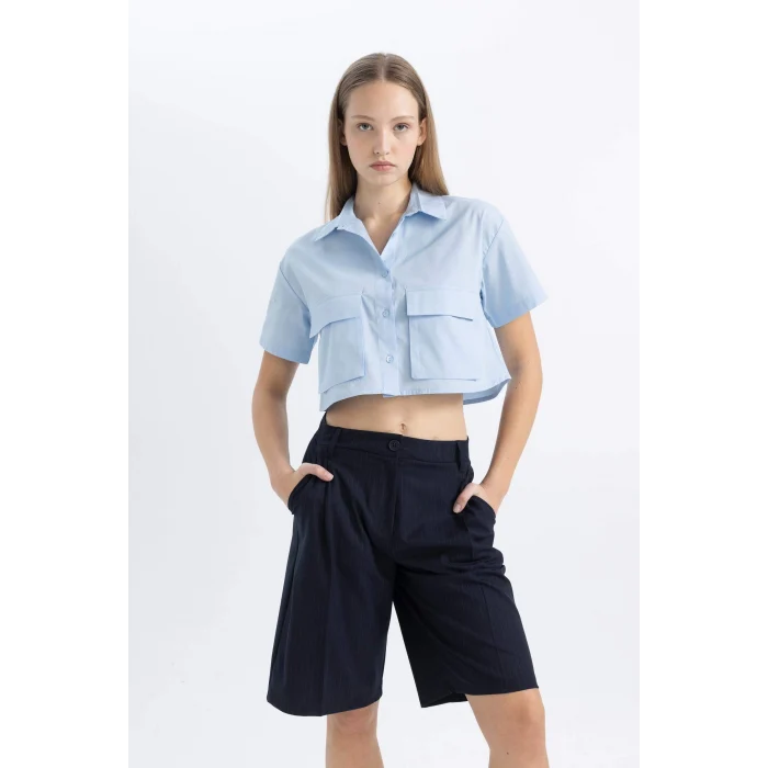 Defacto C0739 Mavi Coool Oversize Geniş Kalıp Cep Detaylı Crop Kısa Kollu Gömlek