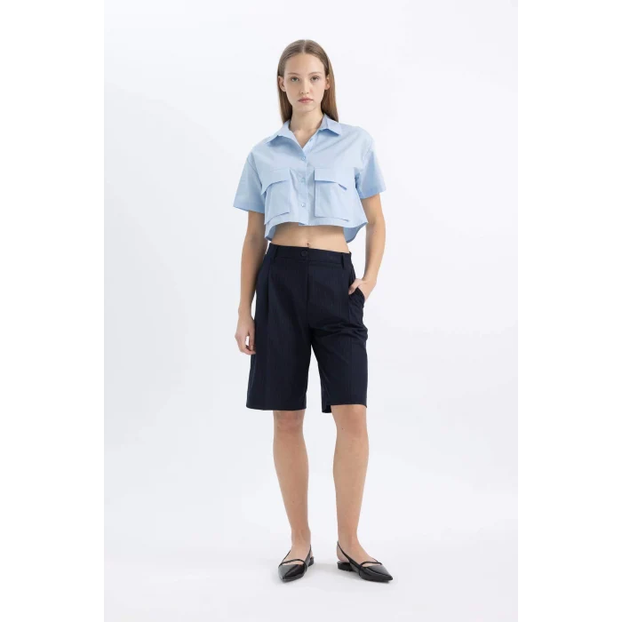 Defacto C0739 Mavi Coool Oversize Geniş Kalıp Cep Detaylı Crop Kısa Kollu Gömlek