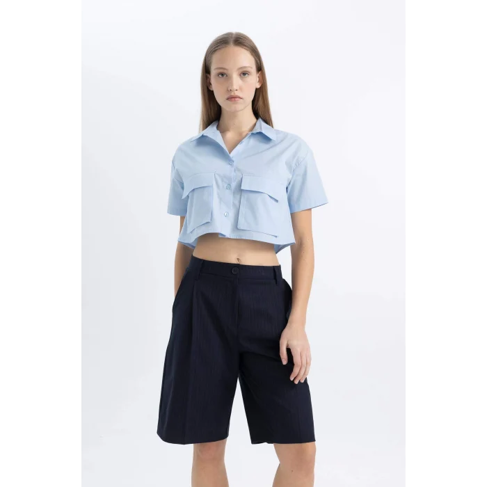 Defacto C0739 Mavi Coool Oversize Geniş Kalıp Cep Detaylı Crop Kısa Kollu Gömlek