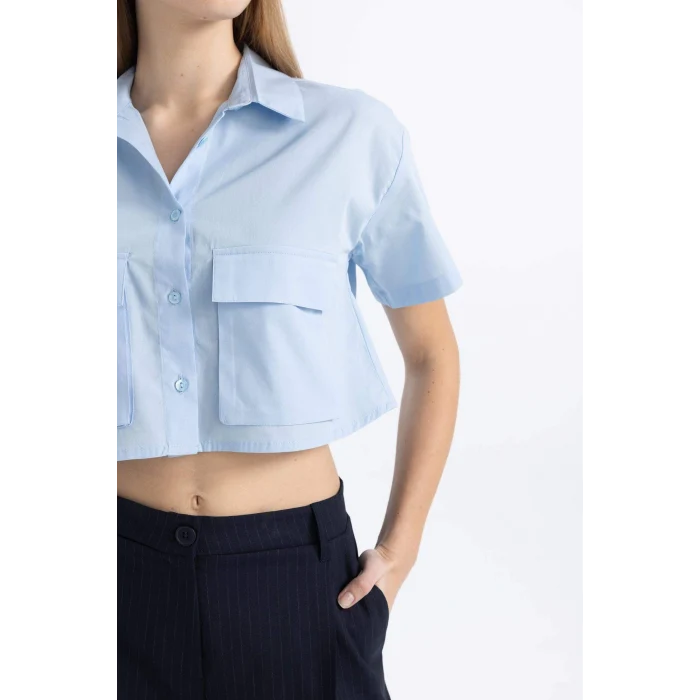 Defacto C0739 Mavi Coool Oversize Geniş Kalıp Cep Detaylı Crop Kısa Kollu Gömlek
