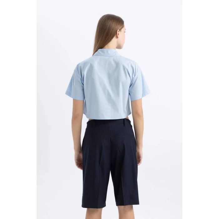 Defacto C0739 Mavi Coool Oversize Geniş Kalıp Cep Detaylı Crop Kısa Kollu Gömlek