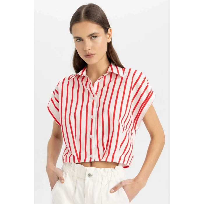 Defacto C8748 Kırmızı Crop Çizgili Kısa Kollu Poplin Gömlek