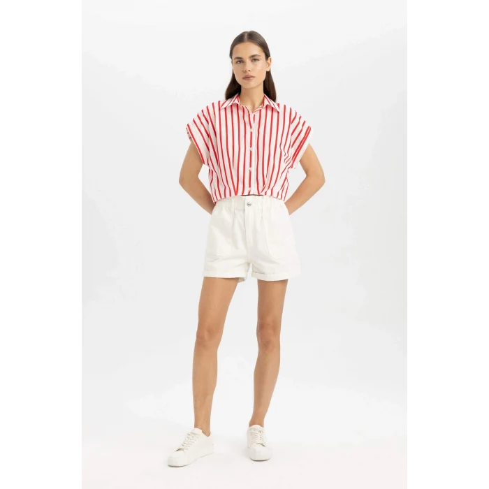 Defacto C8748 Kırmızı Crop Çizgili Kısa Kollu Poplin Gömlek
