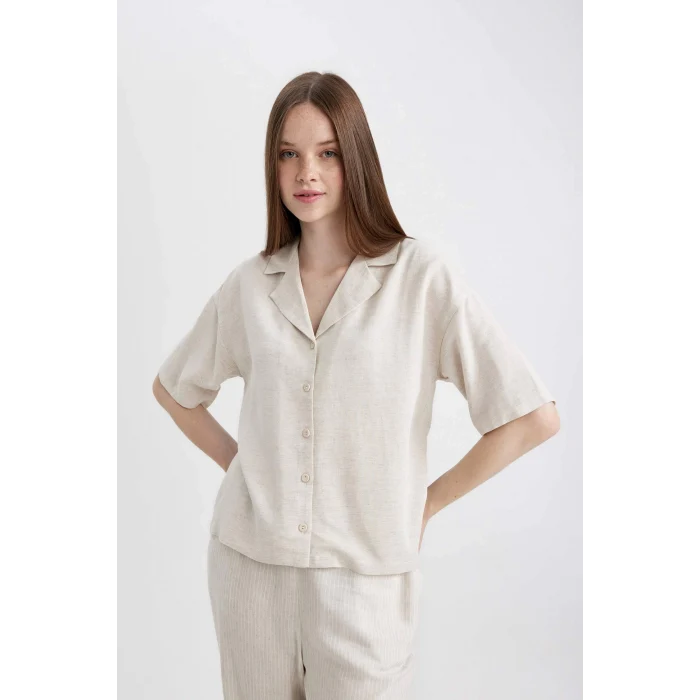 Defacto U2927 Ekru Oversize Geniş Kalıp Pijama Yaka Keten Karışımlı Kısa Kollu Gömlek