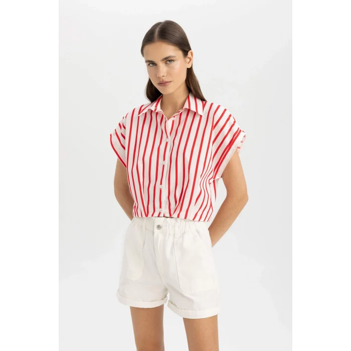 Defacto C8748 Kırmızı Crop Çizgili Kısa Kollu Poplin Gömlek