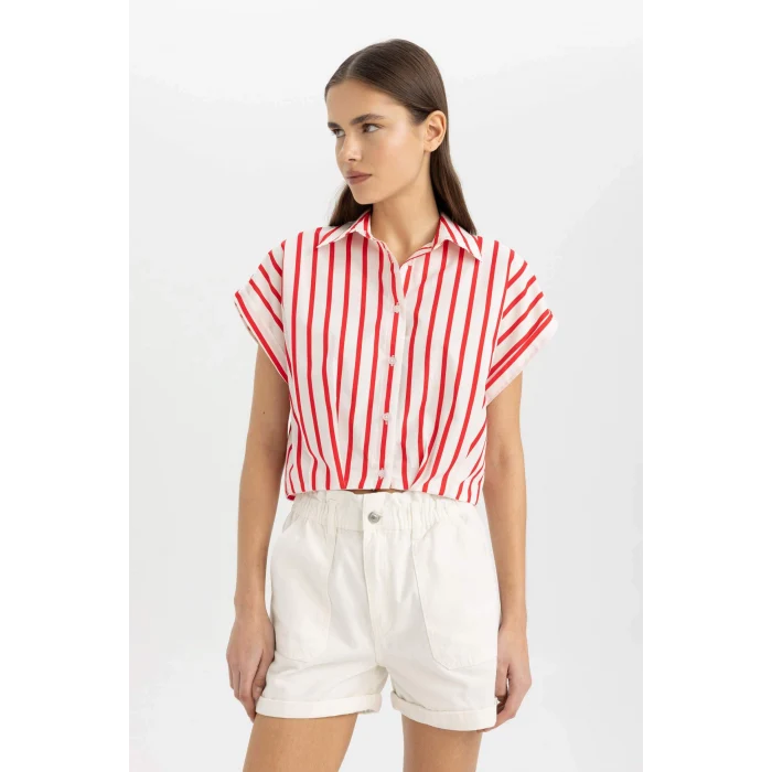 Defacto C8748 Kırmızı Crop Çizgili Kısa Kollu Poplin Gömlek