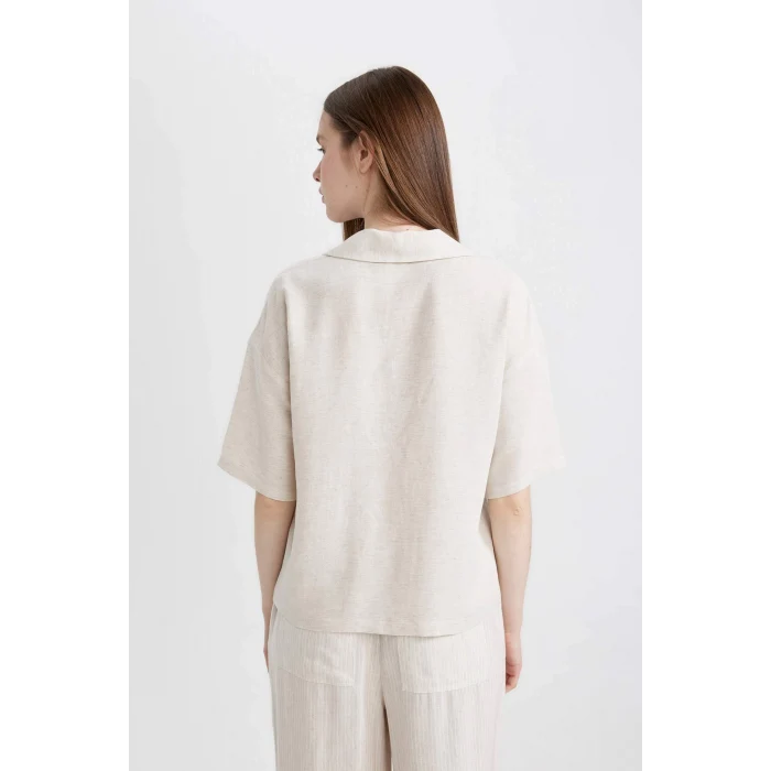 Defacto U2927 Ekru Oversize Geniş Kalıp Pijama Yaka Keten Karışımlı Kısa Kollu Gömlek