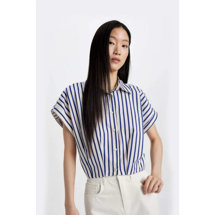 Defacto C8748 Mor Crop Çizgili Kısa Kollu Poplin Gömlek