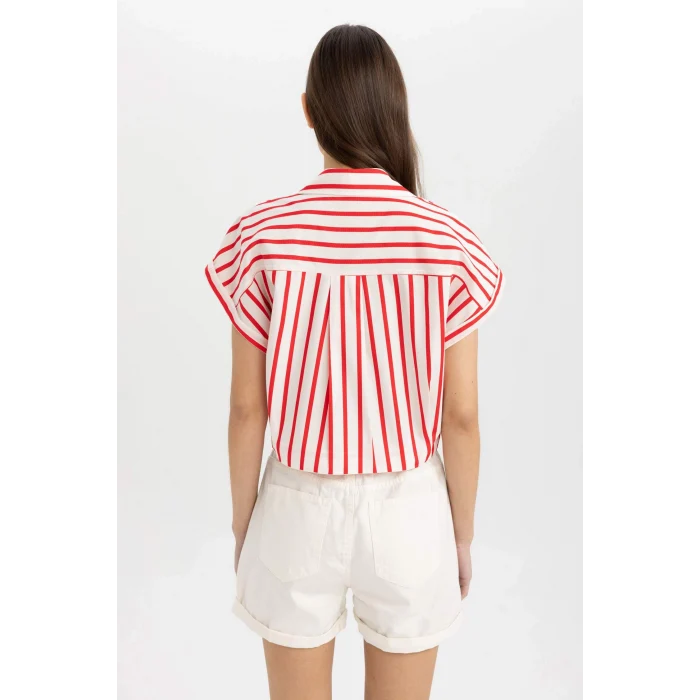 Defacto C8748 Kırmızı Crop Çizgili Kısa Kollu Poplin Gömlek