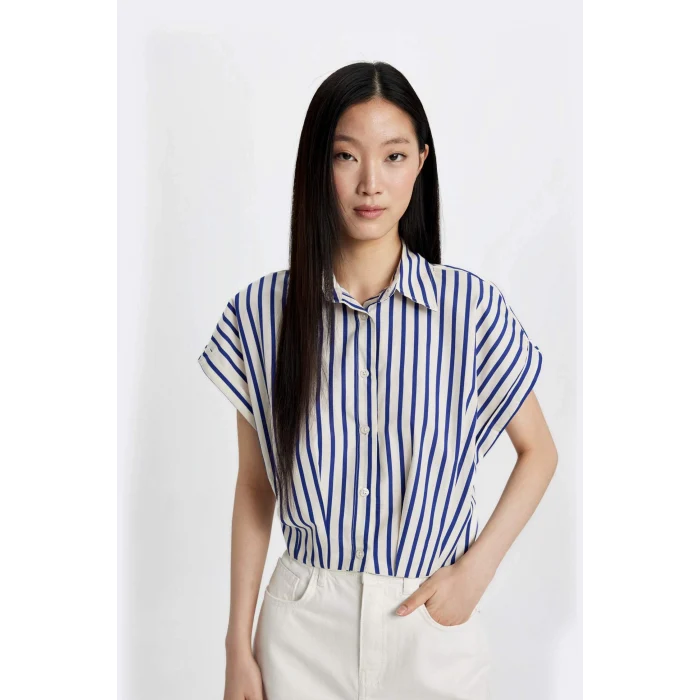 Defacto C8748 Mor Crop Çizgili Kısa Kollu Poplin Gömlek