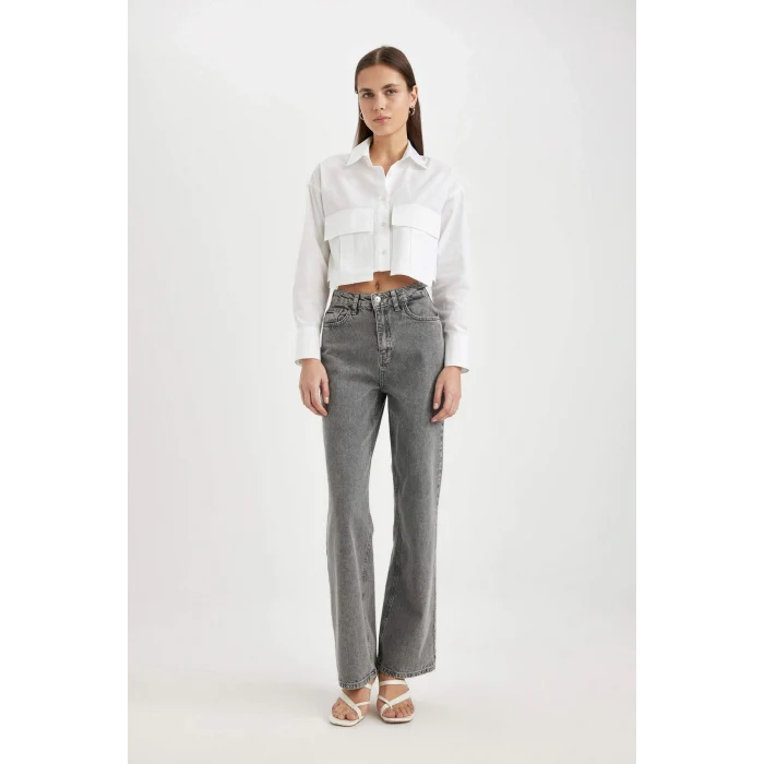 Defacto C7579 Beyaz Crop Gabardin Uzun Kollu Gömlek