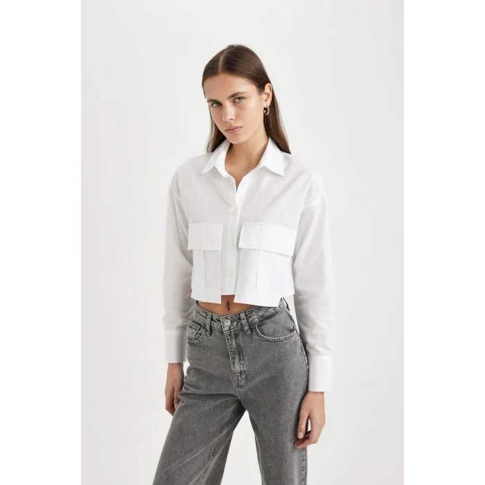 Defacto C7579 Beyaz Crop Gabardin Uzun Kollu Gömlek