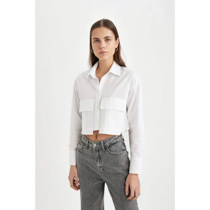 Defacto C7579 Beyaz Crop Gabardin Uzun Kollu Gömlek