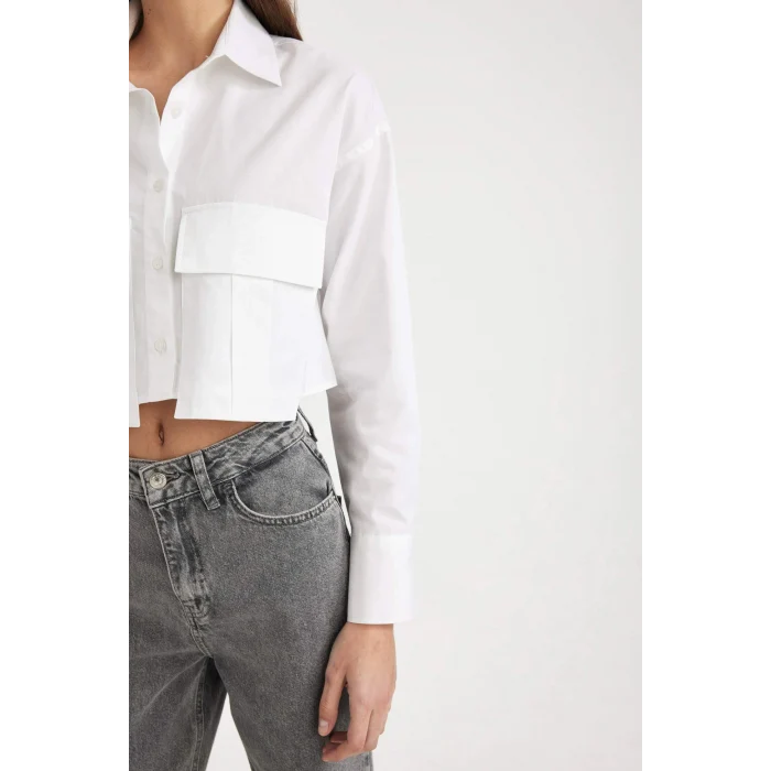 Defacto C7579 Beyaz Crop Gabardin Uzun Kollu Gömlek