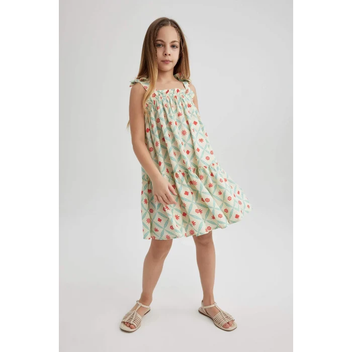 Defacto Y6957 Ekru Kız Çocuk Askılı Desenli Elbise