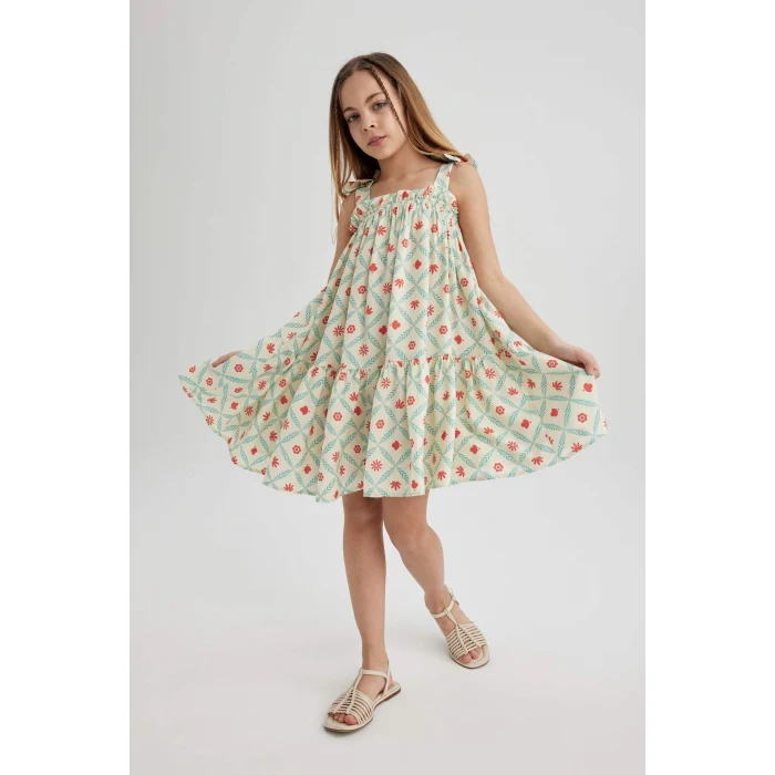 Defacto Y6957 Ekru Kız Çocuk Askılı Desenli Elbise