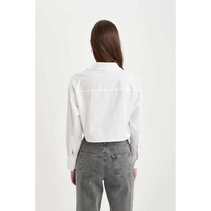 Defacto C7579 Beyaz Crop Gabardin Uzun Kollu Gömlek