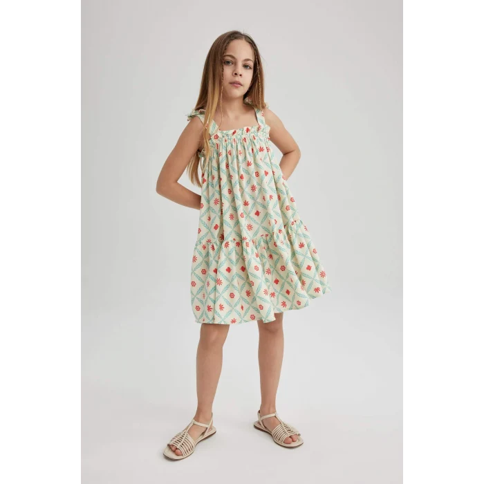 Defacto Y6957 Ekru Kız Çocuk Askılı Desenli Elbise