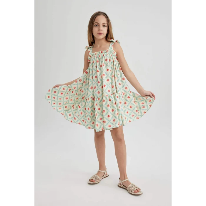 Defacto Y6957 Ekru Kız Çocuk Askılı Desenli Elbise