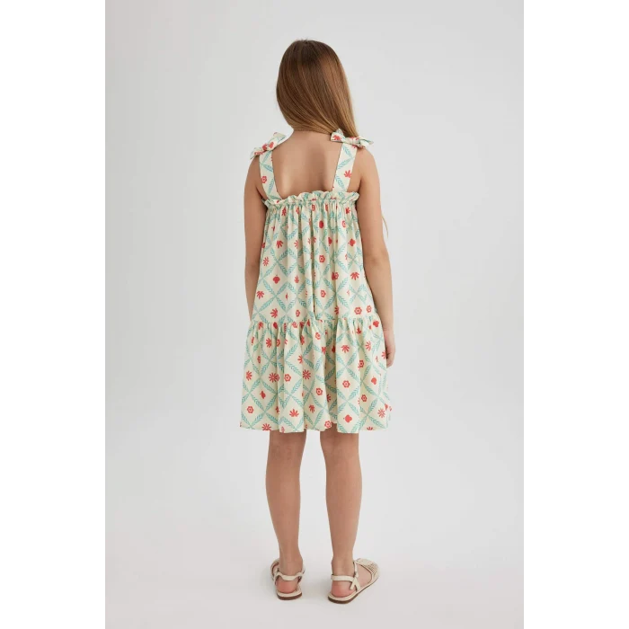 Defacto Y6957 Ekru Kız Çocuk Askılı Desenli Elbise