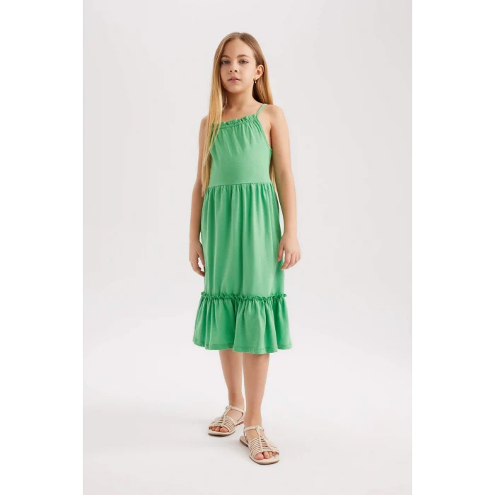 Defacto B4466 Yeşil Kız Çocuk Askılı Elbise