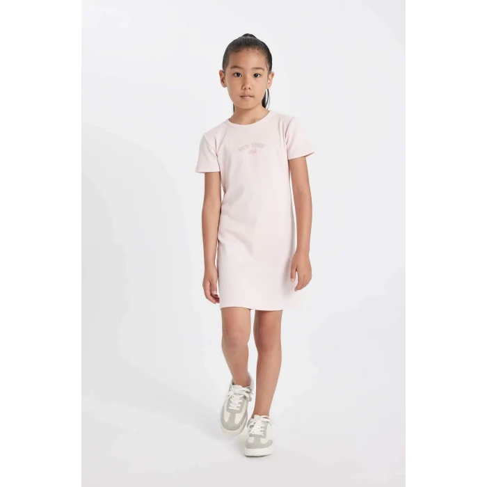 Defacto D4105 Pembe Kız Çocuk Baskılı Fitilli Kaşkorse Kısa Kollu Elbise