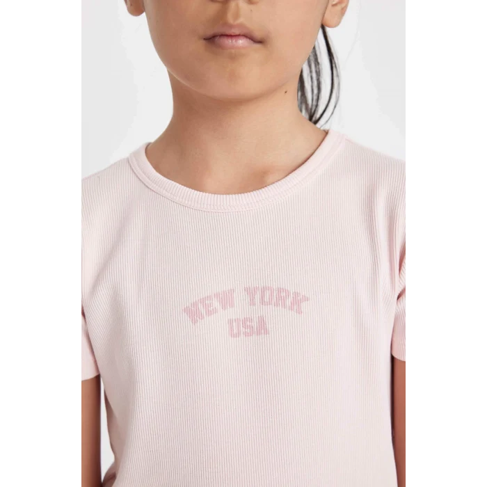 Defacto D4105 Pembe Kız Çocuk Baskılı Fitilli Kaşkorse Kısa Kollu Elbise