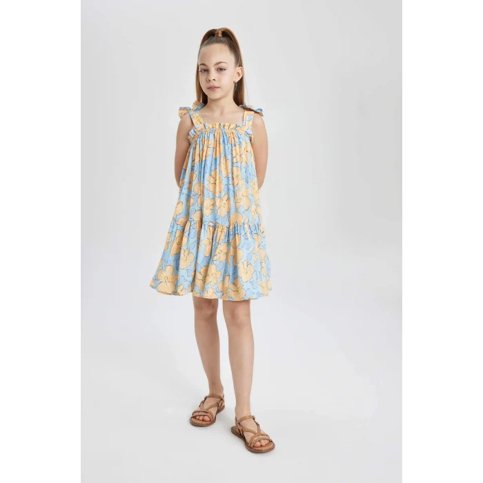 Defacto Y6957 Mavi Kız Çocuk Askılı Çiçek Desenli Elbise