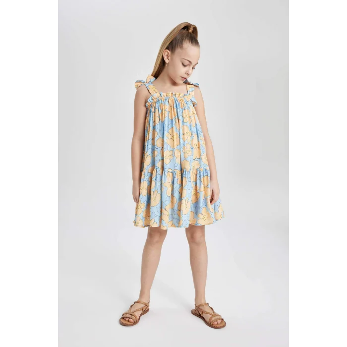 Defacto Y6957 Mavi Kız Çocuk Askılı Çiçek Desenli Elbise