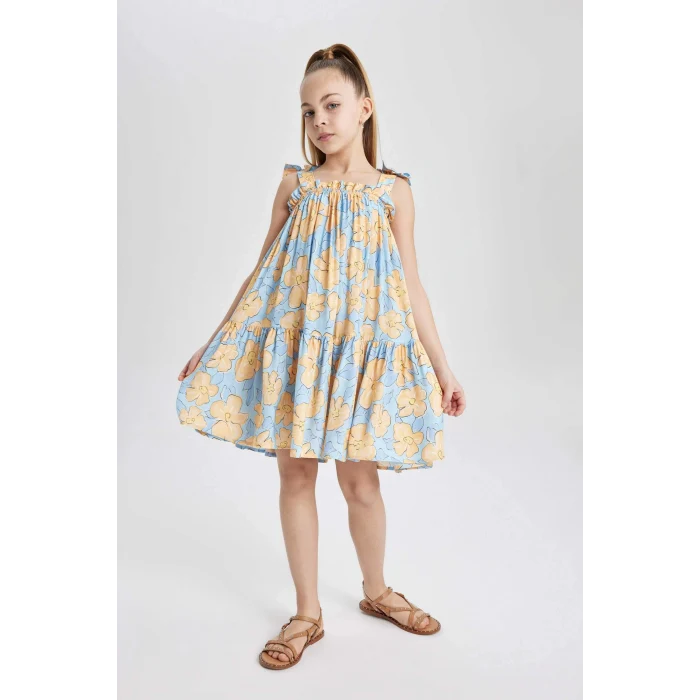 Defacto Y6957 Mavi Kız Çocuk Askılı Çiçek Desenli Elbise