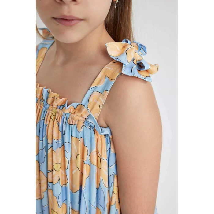 Defacto Y6957 Mavi Kız Çocuk Askılı Çiçek Desenli Elbise