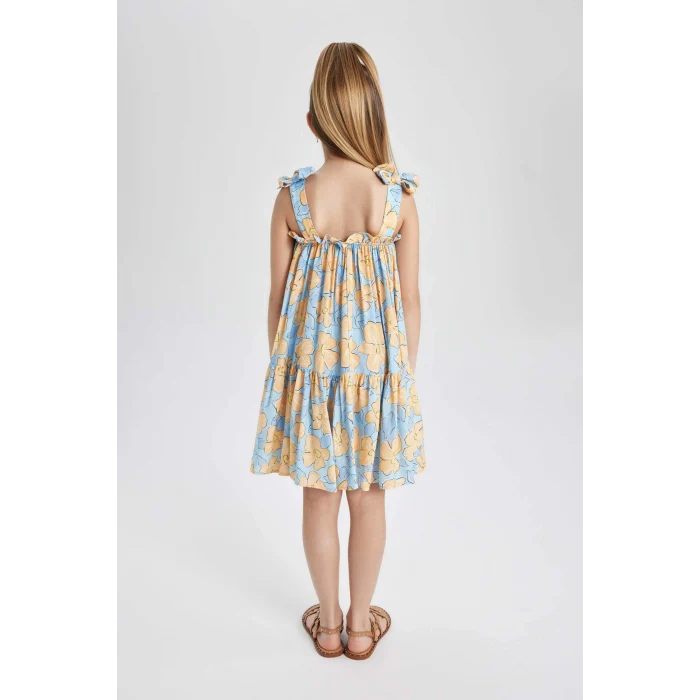Defacto Y6957 Mavi Kız Çocuk Askılı Çiçek Desenli Elbise