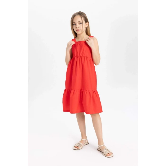 Defacto B4476 Kırmızı Kız Çocuk Poplin Askılı Elbise