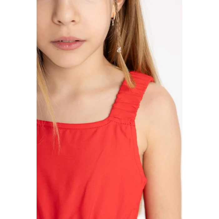 Defacto B4476 Kırmızı Kız Çocuk Poplin Askılı Elbise