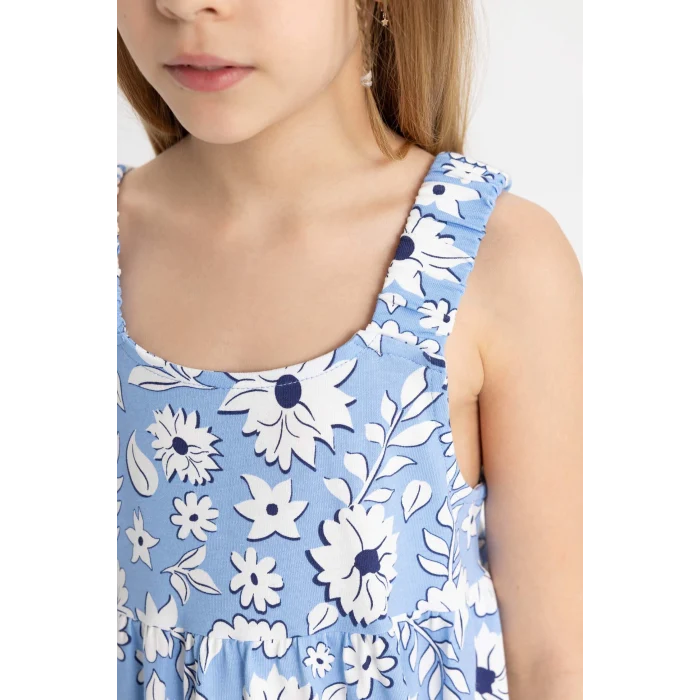 Defacto B4474 Mavi Kız Çocuk Desenli Penye Askılı Elbise