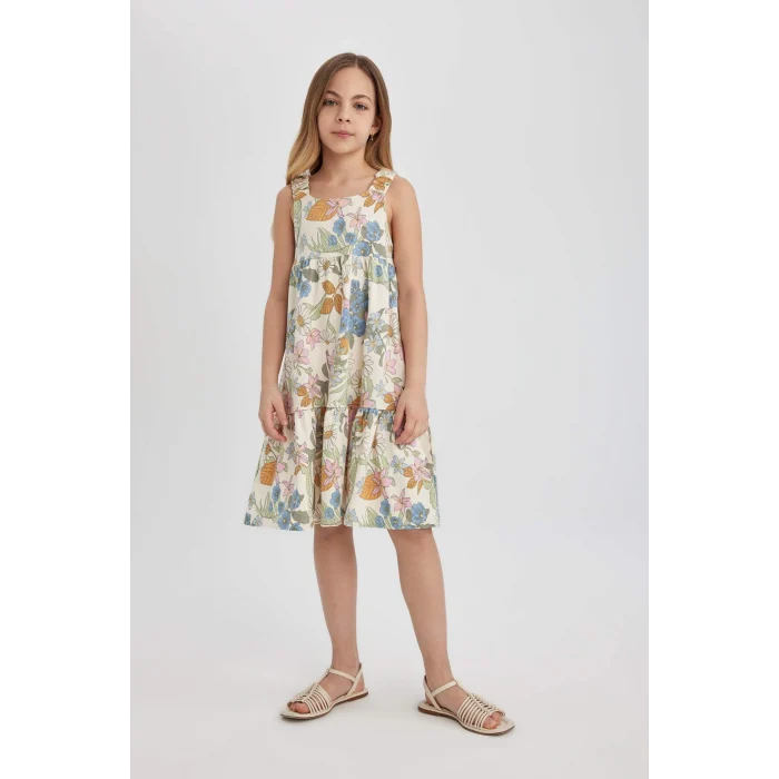 Defacto B4474 Ekru Kız Çocuk Desenli Penye Askılı Elbise