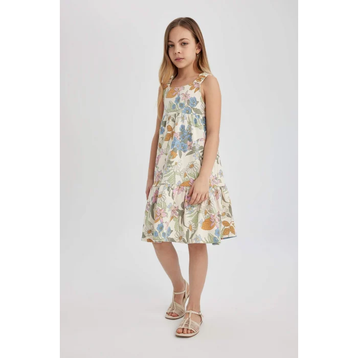 Defacto B4474 Ekru Kız Çocuk Desenli Penye Askılı Elbise