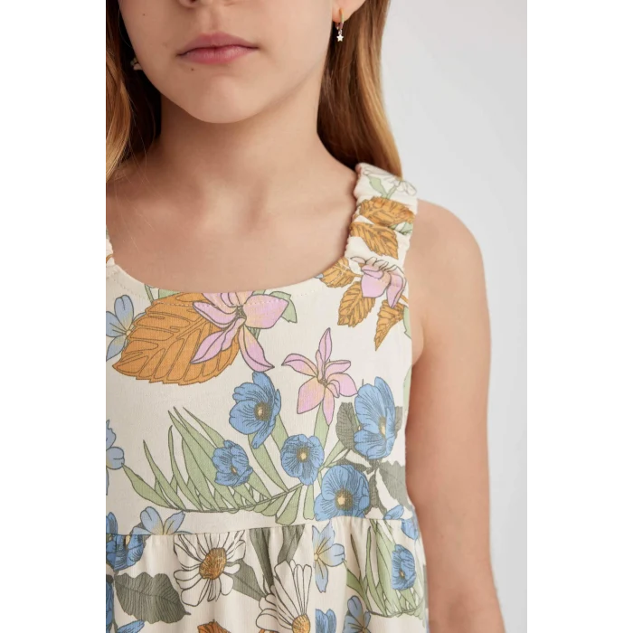 Defacto B4474 Ekru Kız Çocuk Desenli Penye Askılı Elbise