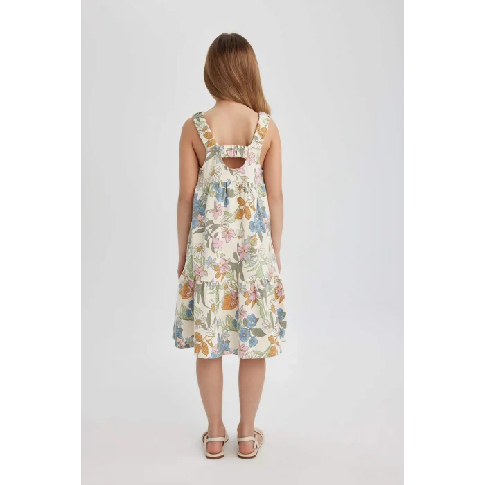 Defacto B4474 Ekru Kız Çocuk Desenli Penye Askılı Elbise