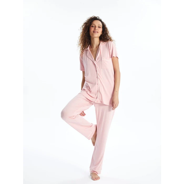 LCW DREAM PEMBE Gömlek Yaka Düz Kısa Kollu Kadın Pijama Takımı