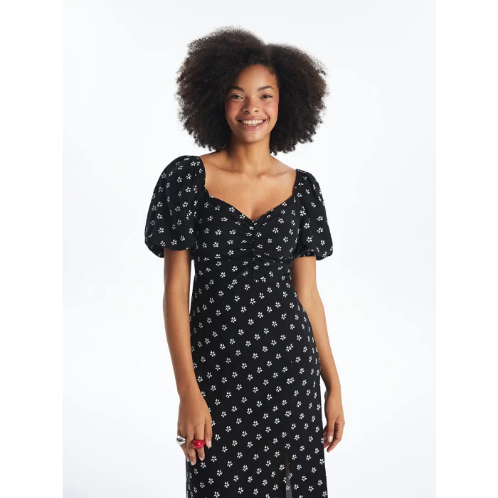 XSIDE SİYAH Kalp Yaka Çiçekli Kısa Kollu Kadın Elbise