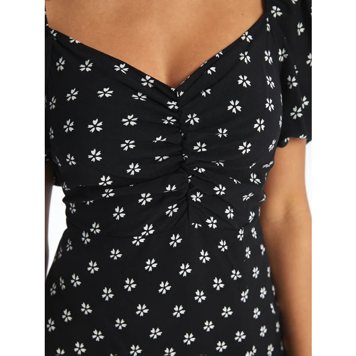 XSIDE SİYAH Kalp Yaka Çiçekli Kısa Kollu Kadın Elbise