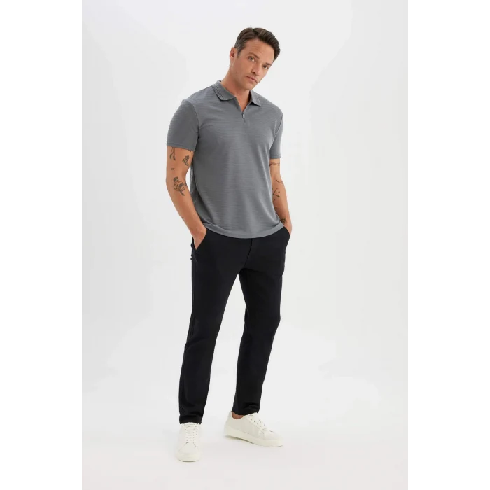 Defacto C5586 Gri New Regular Fit Fermuarlı Kısa Kollu Polo Basic Tişört