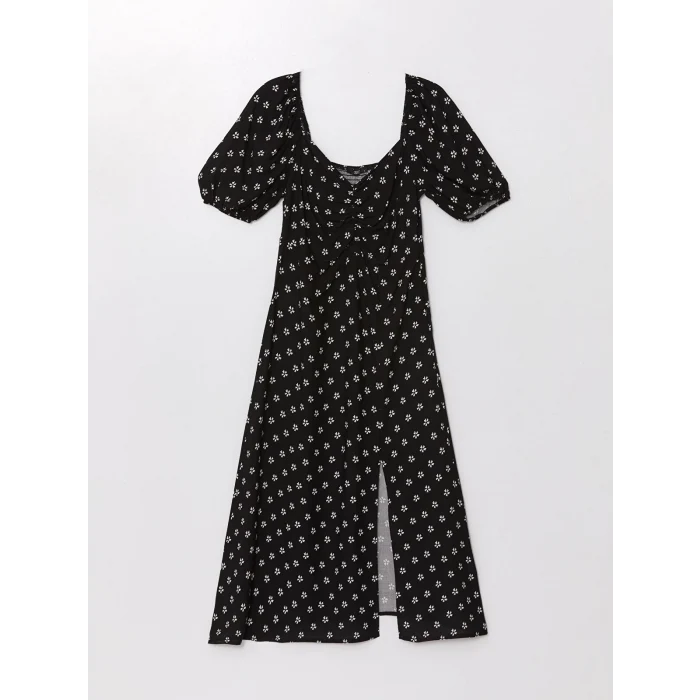 XSIDE SİYAH Kalp Yaka Çiçekli Kısa Kollu Kadın Elbise