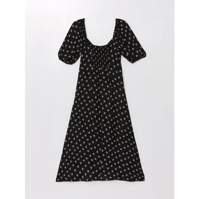 XSIDE SİYAH Kalp Yaka Çiçekli Kısa Kollu Kadın Elbise