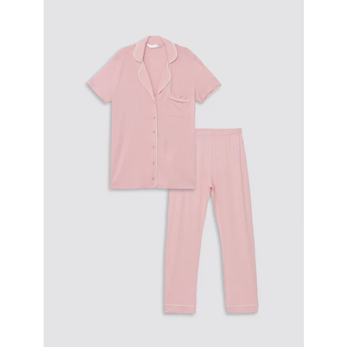 LCW DREAM PEMBE Gömlek Yaka Düz Kısa Kollu Kadın Pijama Takımı