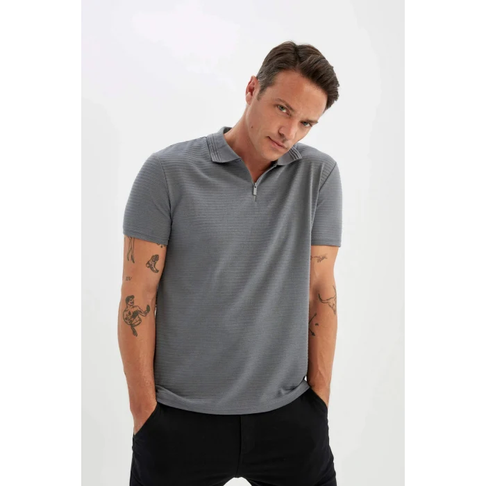 Defacto C5586 Gri New Regular Fit Fermuarlı Kısa Kollu Polo Basic Tişört