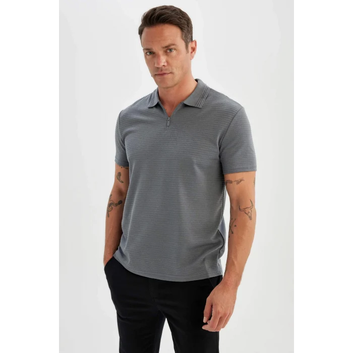 Defacto C5586 Gri New Regular Fit Fermuarlı Kısa Kollu Polo Basic Tişört