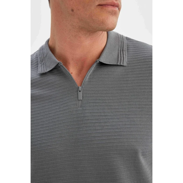 Defacto C5586 Gri New Regular Fit Fermuarlı Kısa Kollu Polo Basic Tişört